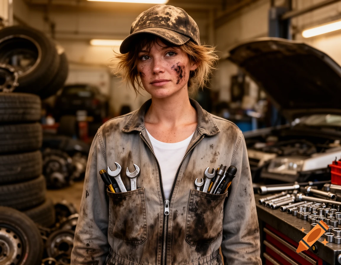 Photorealistic portrait of a female mechanic in a dirty jumpsuit and cap, with tools in her pockets, standing in a garage.