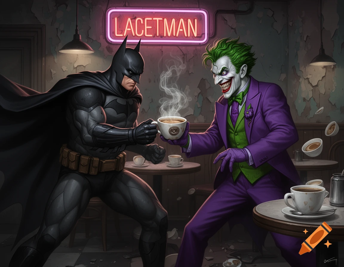 Batman and Joker in a dimly lit cafe, Joker offering Batman a steaming cup of coffee under a neon sign that reads 'LACETMAN'.
