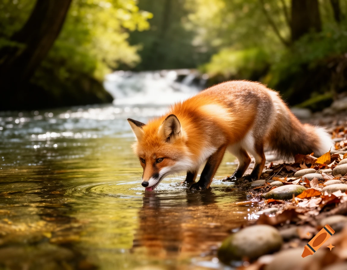 A photorealistic red fox drinks water from a flowing river in a lush forest.