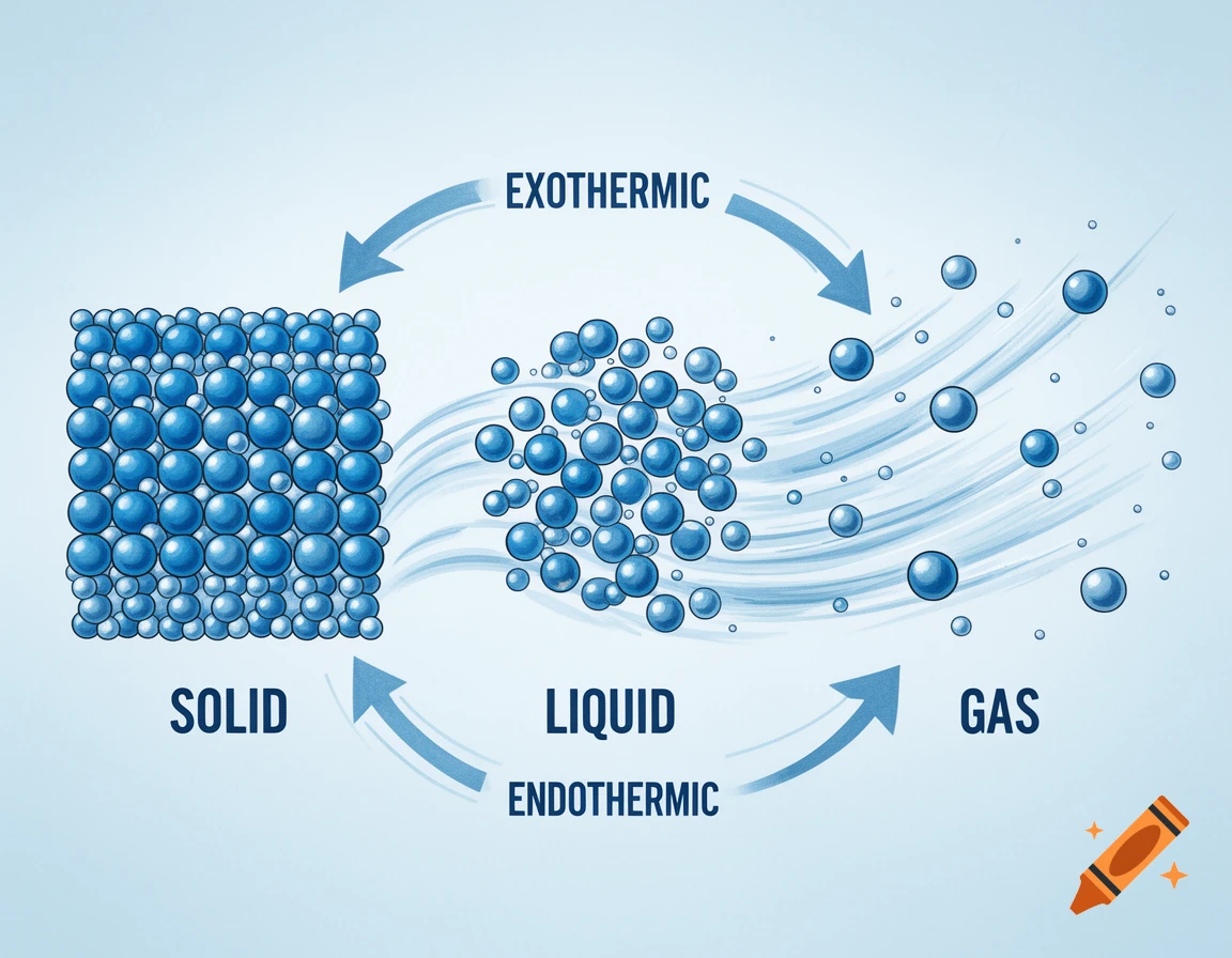 An illustration of the states of matter: solid, liquid, and gas, with arrows showing exothermic and endothermic transitions.