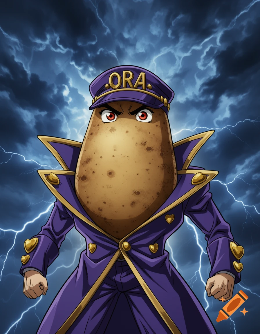 A stylized illustration of a potato dressed as Jotaro Kujo, an anime character, with "ORA" on its cap, standing against a stormy, lightning-filled sky.