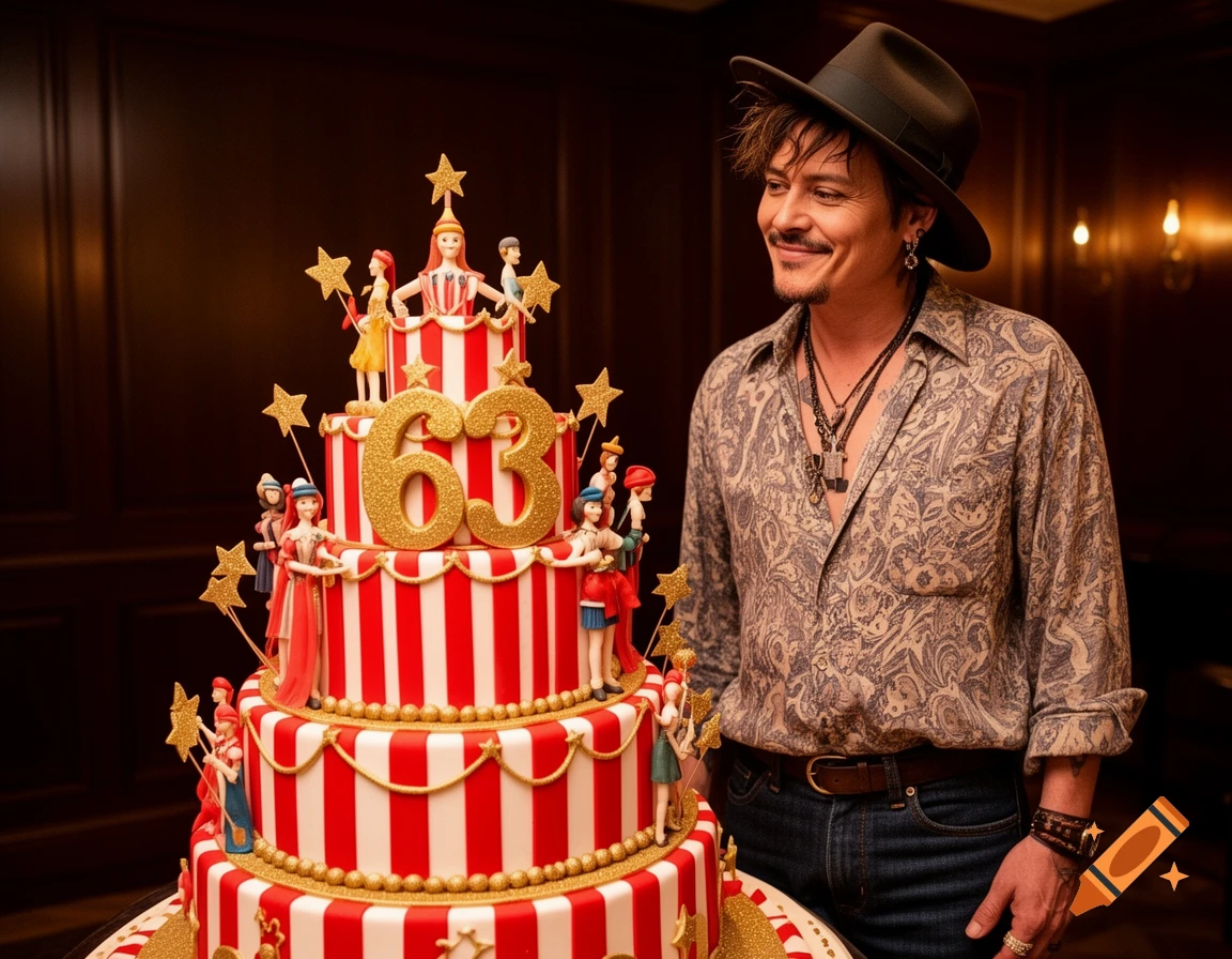 Photorealistic image of Johnny Depp smiling next to a large, elaborate red and white striped birthday cake with golden '63' on it.