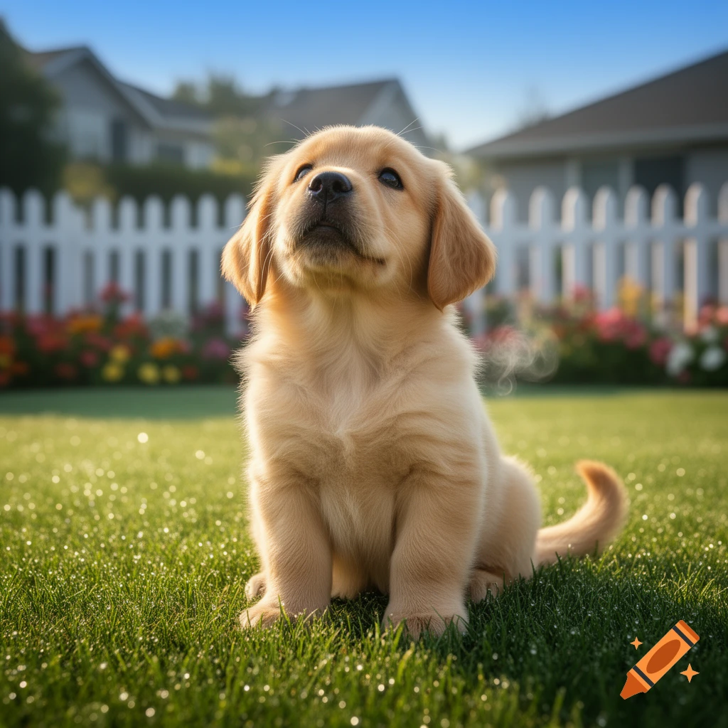 A golden retriever puppy sits on a dewy green lawn in a backyard, looking up with bright eyes.