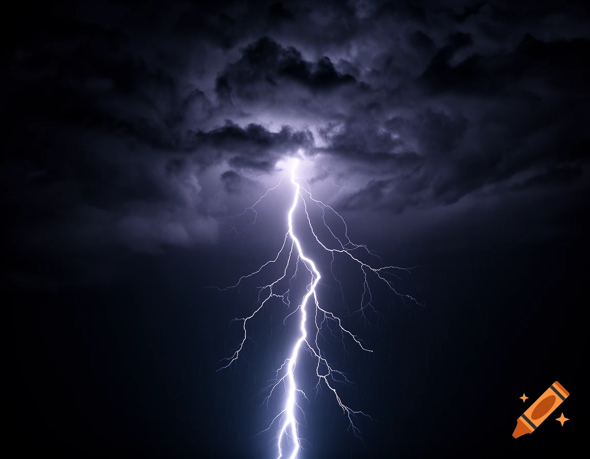 A bright lightning bolt flashes down from dark, ominous clouds in a night sky.