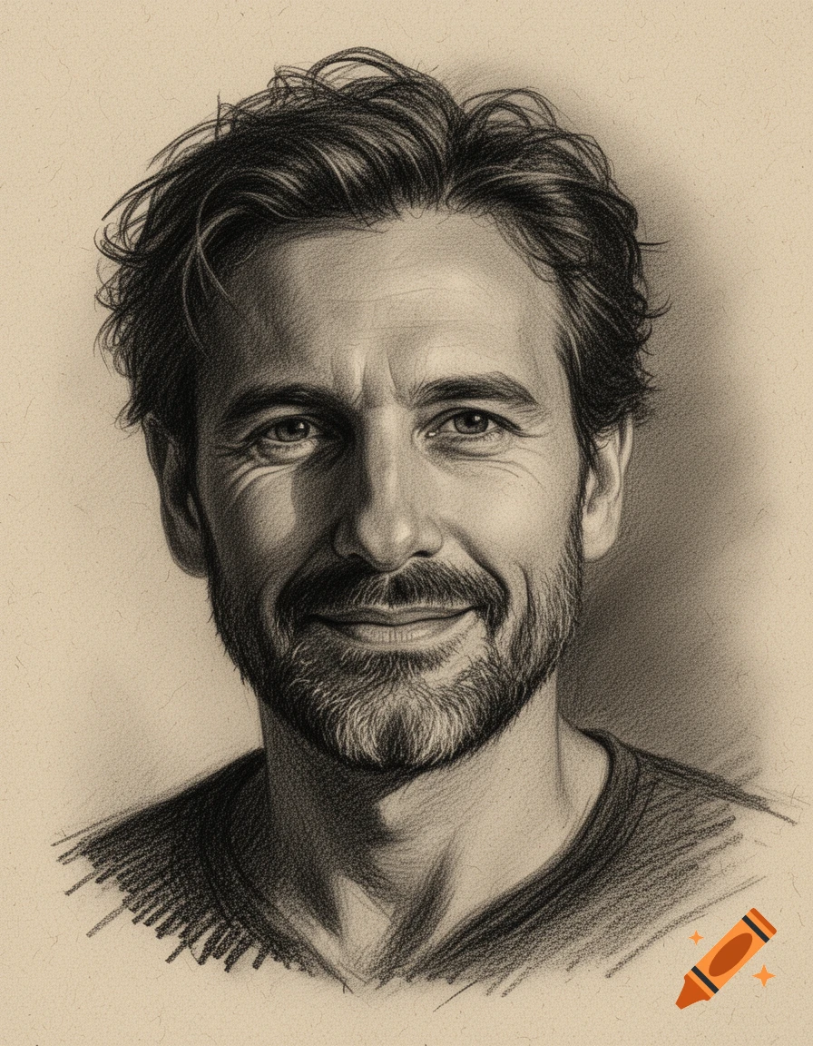 Detailed charcoal pencil portrait sketch of a smiling man with a beard and tousled hair, rendered on textured paper.