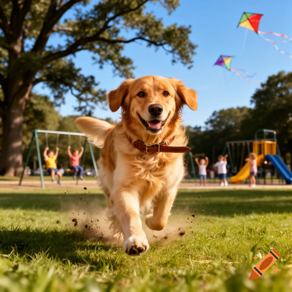 A happy golden retriever runs through a sunny park, kicking up dirt, with children playing on a playground and colorful kites flying in the background.