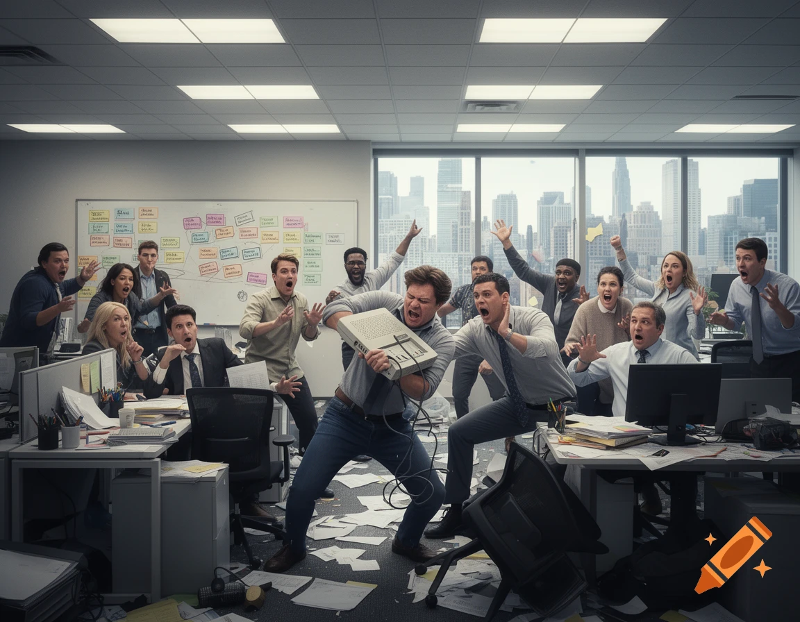 Photorealistic scene of a chaotic office with panicking workers, papers scattered, an overturned chair, and a man shaking a router.