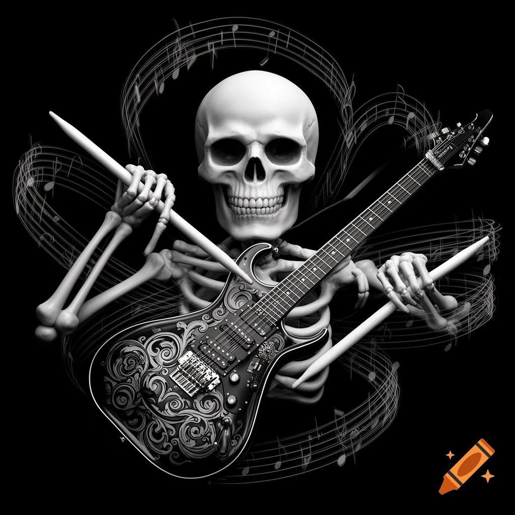 Black and white skeleton playing an electric guitar and holding drumsticks, surrounded by swirling musical notes.