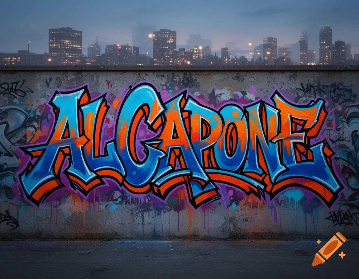 Wild style graffiti of 'AL CAPONE' in blue and orange on a concrete wall, with a city skyline at dusk in the background.