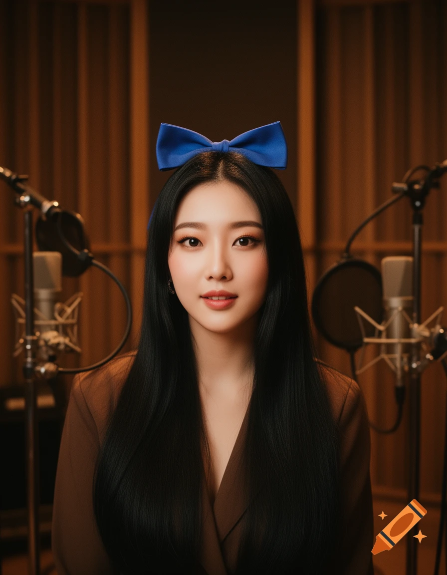 A photorealistic portrait of a woman with long black hair and a blue bow, sitting in a recording studio with microphones.