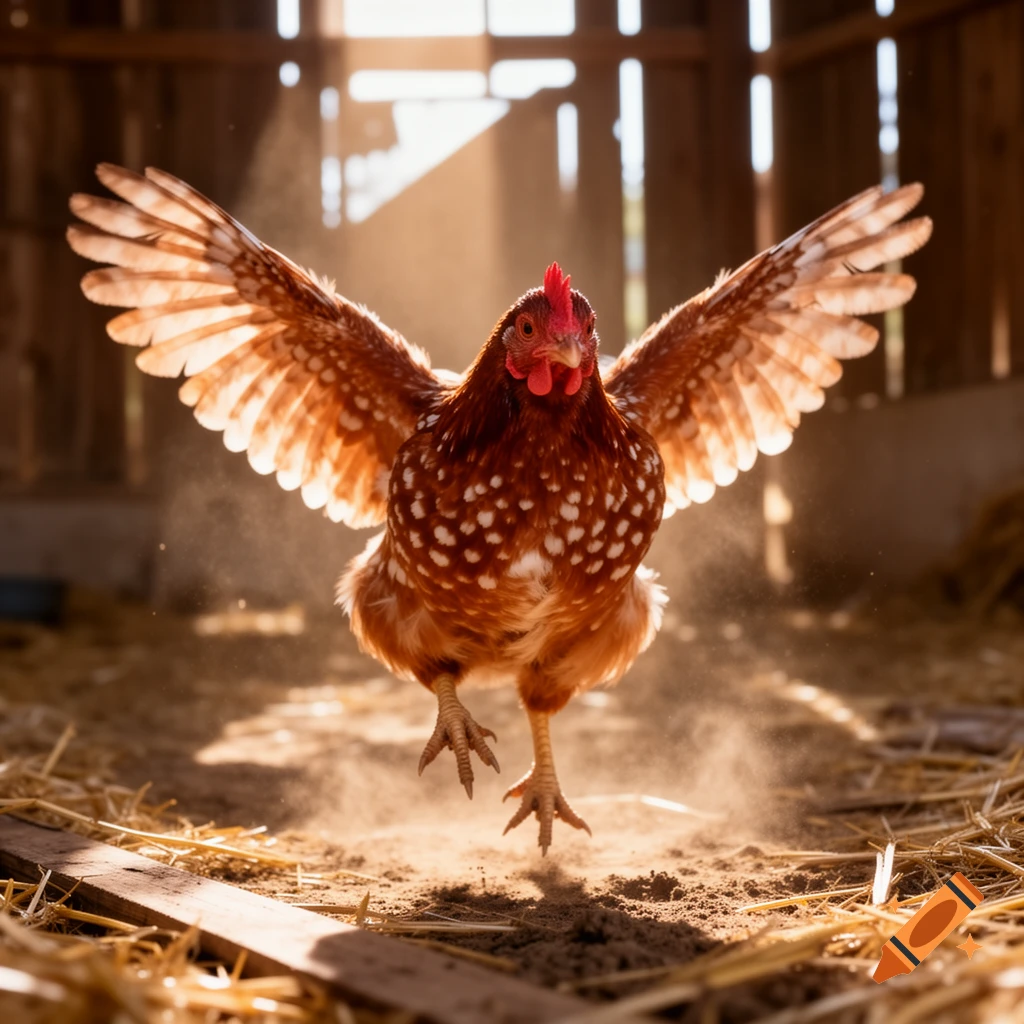 A brown and white speckled chicken with widespread wings jumps in a dusty barn, illuminated by sunlight.