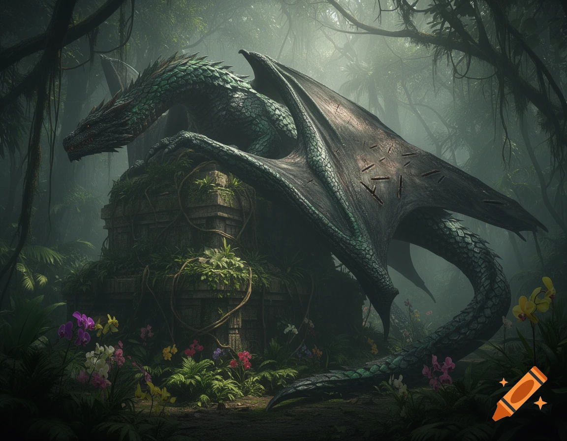 A powerful green dragon rests on ancient, vine-covered ruins amidst a misty jungle with colorful orchids.