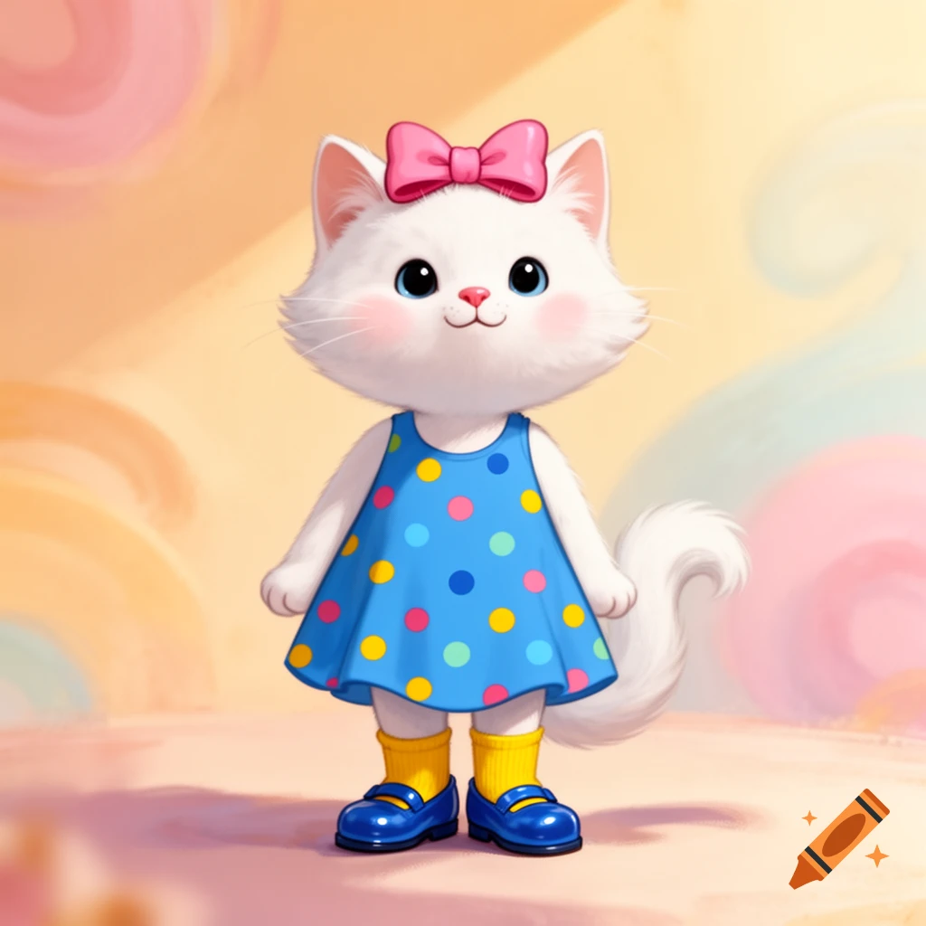 A cute cartoon white cat wears a pink bow, a blue polka dot dress, yellow socks, and blue shoes, on a colorful background.
