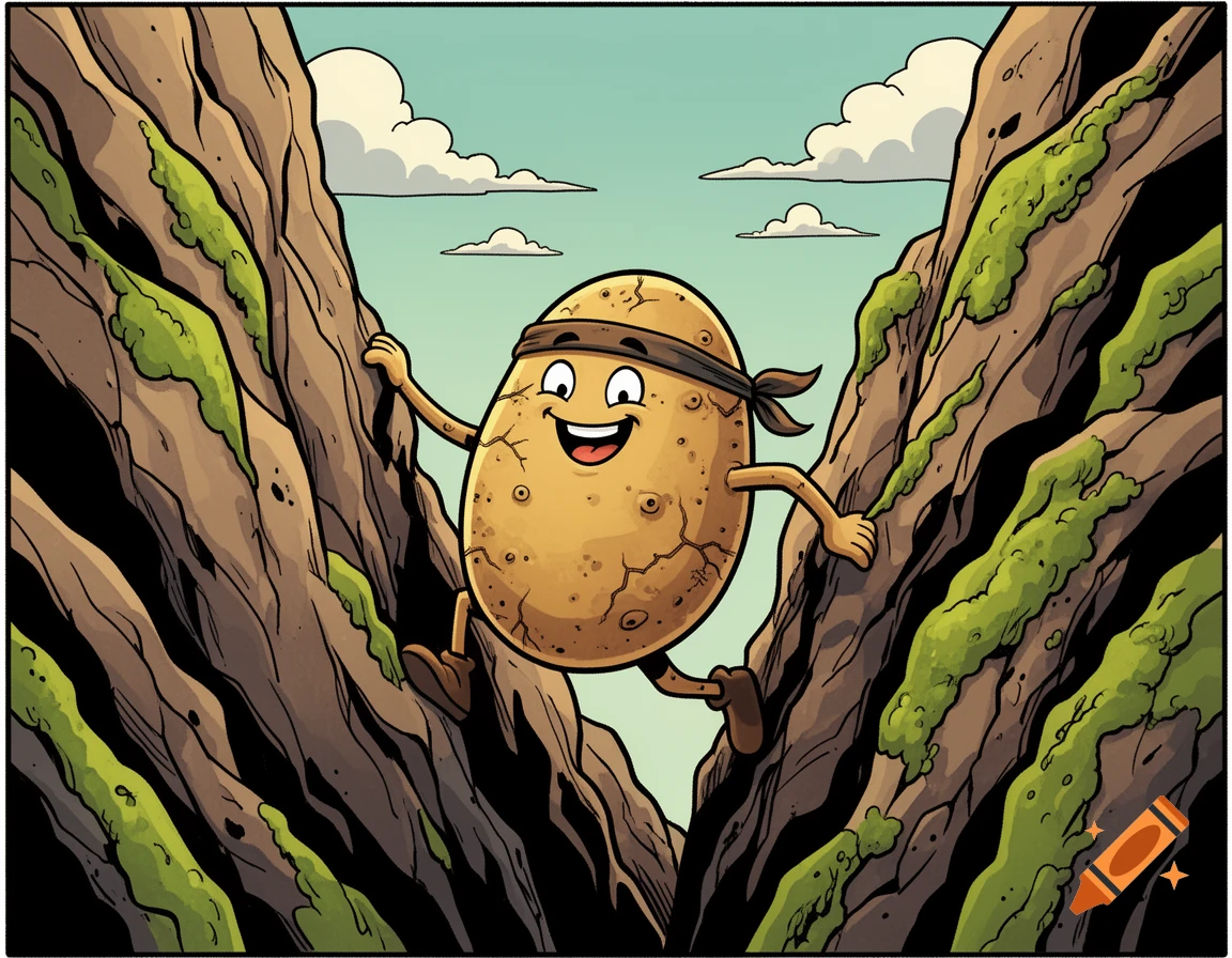A happy cartoon potato with a headband climbs between two mossy rock formations against a blue sky, comic style.