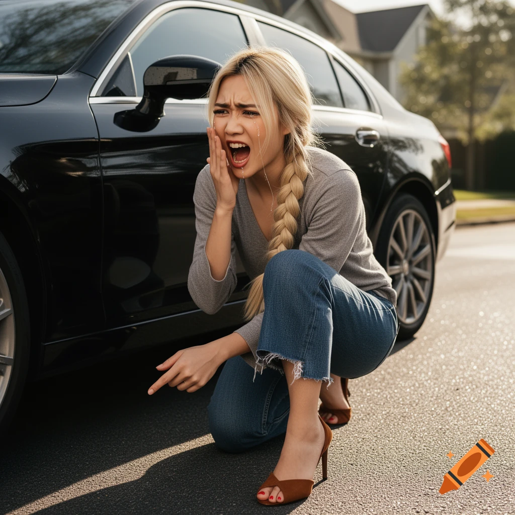 A distressed woman with blonde braids crouches by a black car, screaming and pointing at the ground near her high-heeled foot, with tears on her face. Photorealistic style.
