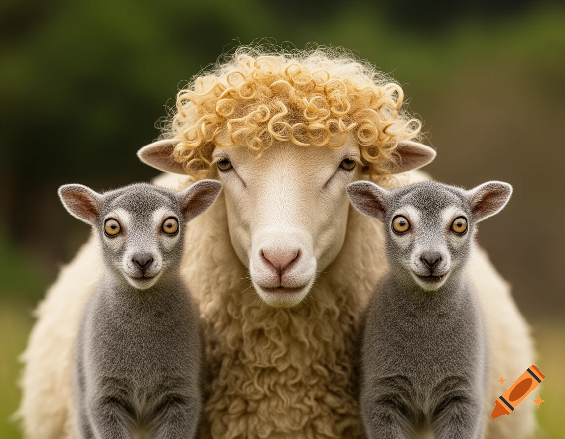 A fluffy white sheep with blonde curly wool stands between two grey-furred, large-eyed baby moholi galagos, all looking forward.