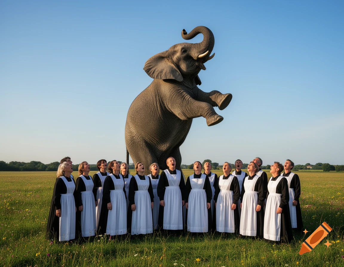 A photorealistic image of a large elephant standing on its hind legs in a sunny grassy field, with a choir of people below looking up and singing.