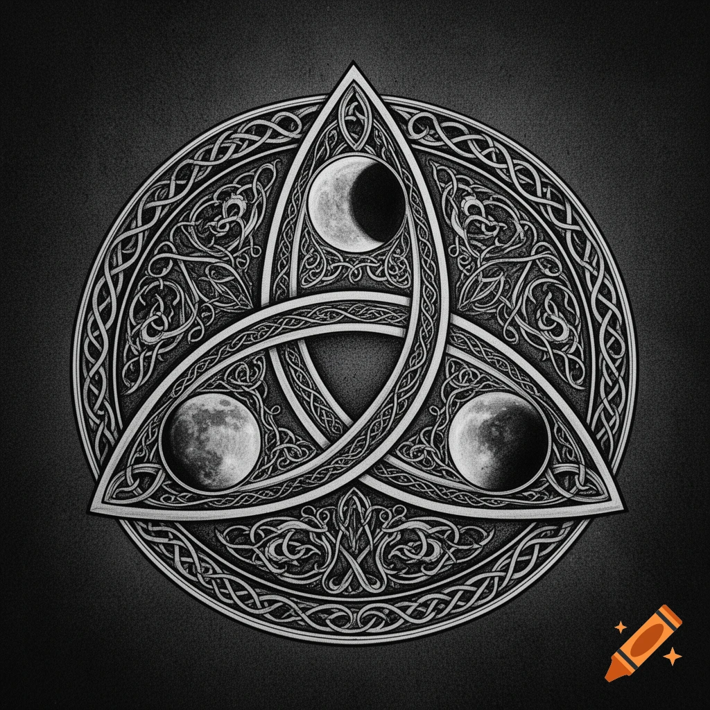 Black and white intricate Celtic triquetra symbol with three moon phases at its points, surrounded by knotwork.
