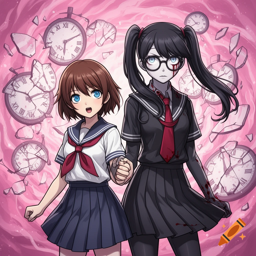 Two anime-style girls in school uniforms, holding hands, stand against a swirling pink background with broken clocks. The girl on the right has pale skin, glasses, pigtails, and bloodstains on her dark uniform and face.