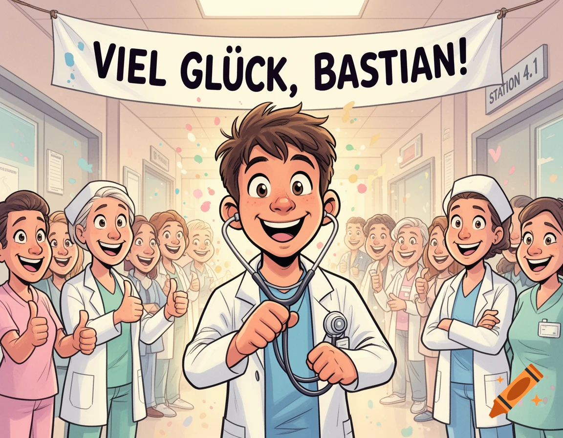 A cheerful cartoon doctor with a stethoscope, surrounded by smiling nurses in a hospital hallway under a 'VIEL GLÜCK, BASTIAN!' banner.