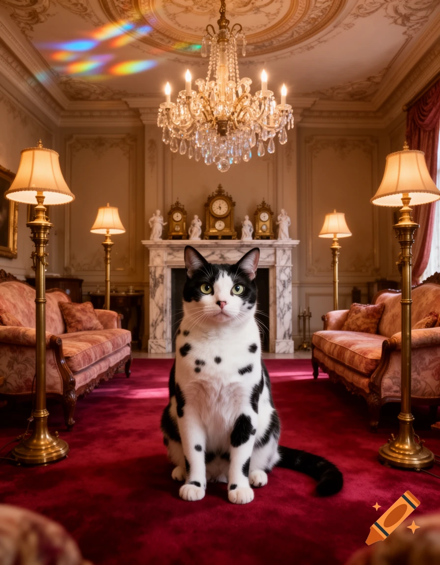 A photorealistic black and white cat with green eyes sits on a red carpet in a luxurious room with a chandelier and gold lamps.