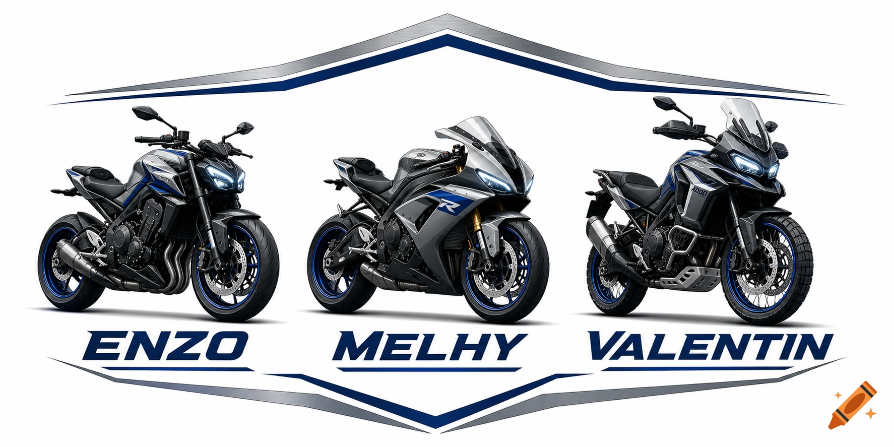 Three detailed motorcycles \u2013 a black naked bike, a silver sport bike, and a black adventure bike with the names Enzo, Melhy, and Valentin below.