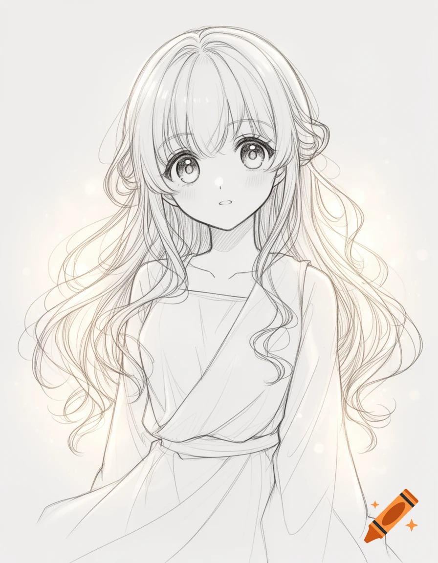Line art sketch of a cute anime girl with long wavy hair, wearing a simple dress, looking forward.
