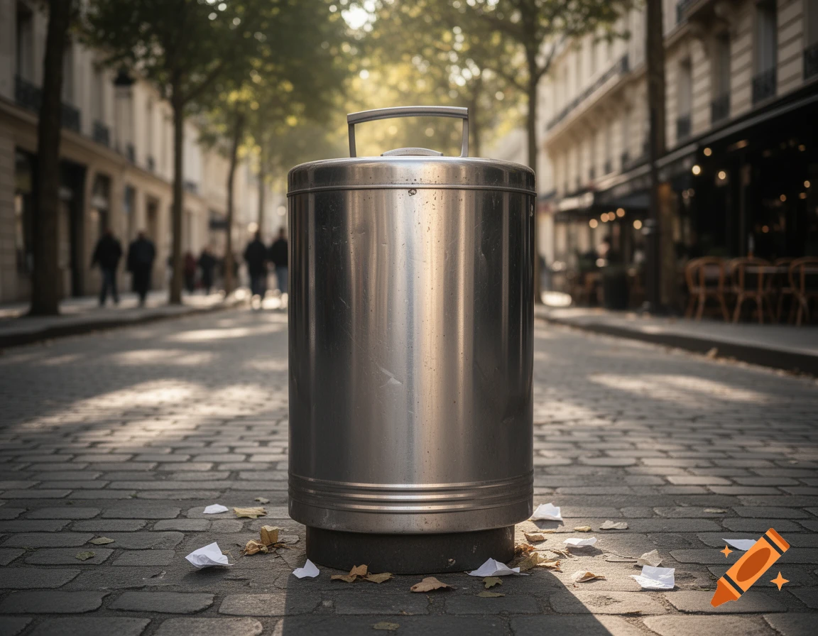 A metallic trash can stands prominently on a cobblestone street, with blurred city buildings and trees in the background.