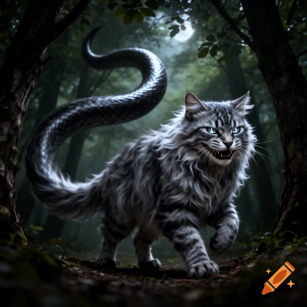 A fluffy, grey-striped cat creature with glowing blue eyes and a snake tail walks through a dark, moonlit forest, baring its fangs.