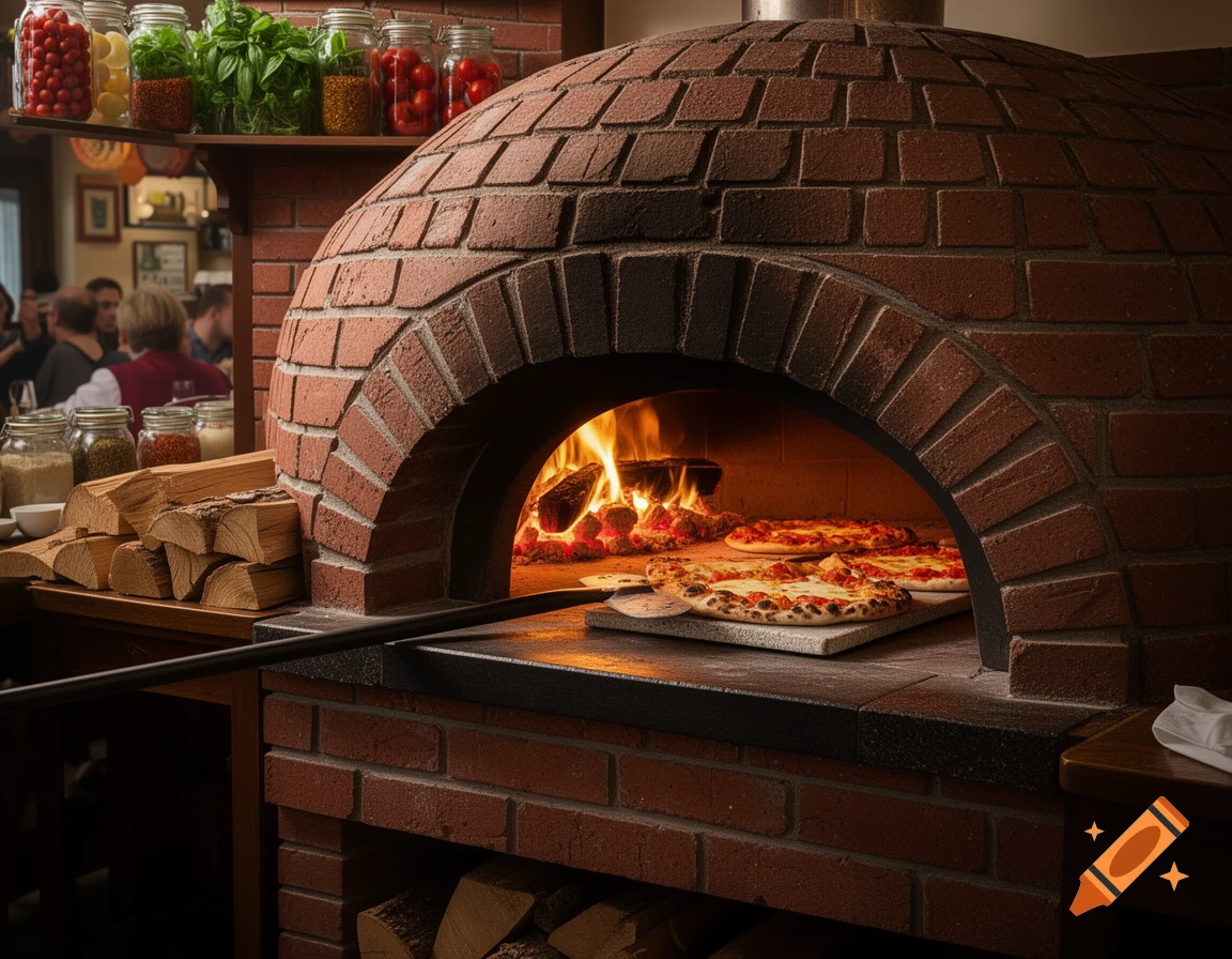 Pizzas baking inside a traditional brick oven with a glowing fire, surrounded by wood logs and ingredient jars in a restaurant.