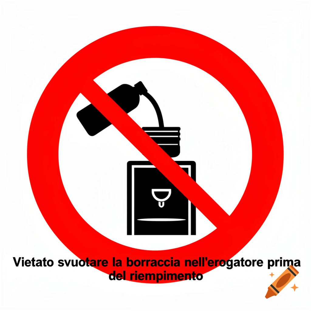 A minimalist industrial safety pictogram in black and white with a red circle and diagonal bar, prohibiting pouring from a bottle into a dispenser, with Italian text below.