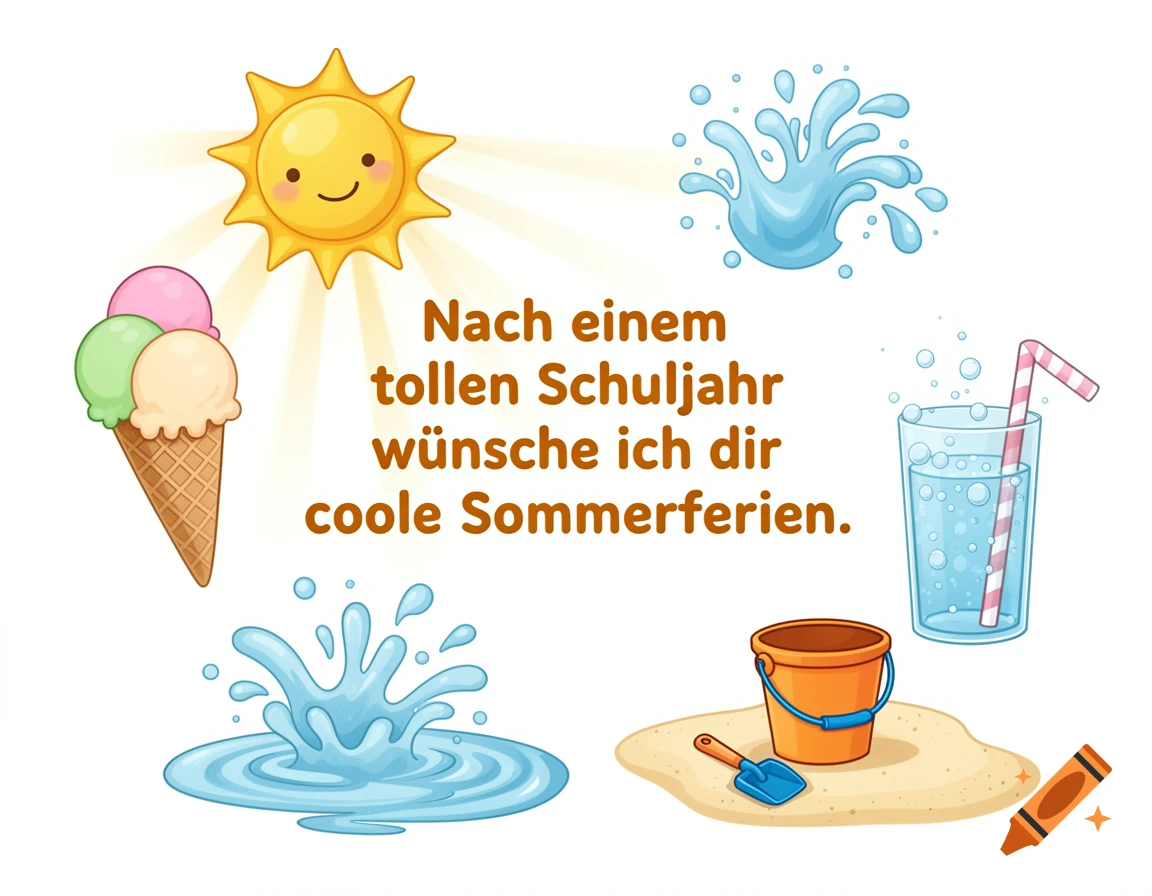 Cartoon illustration of summer items including a smiling sun, ice cream, water splashes, a drink, and beach toys, with German text.