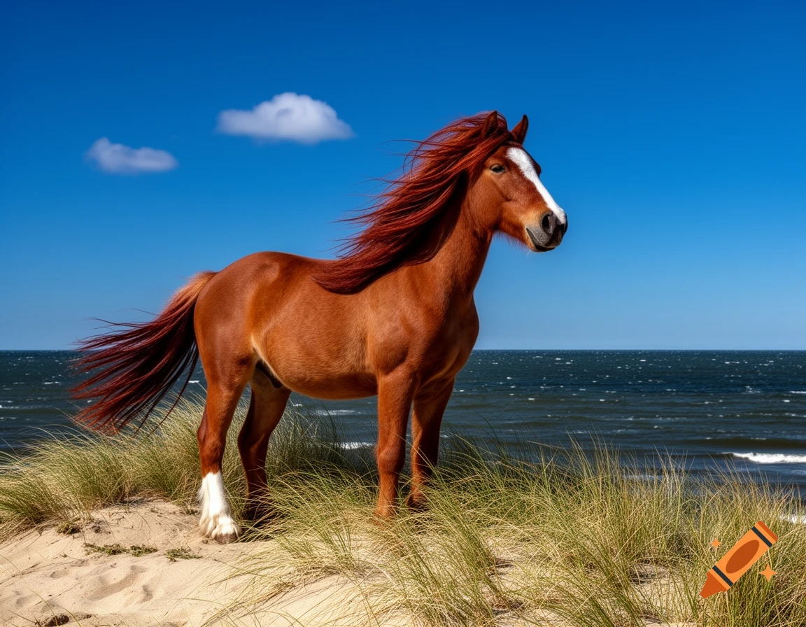 A majestic brown Icelandic horse with a long, flowing red-brown mane and tail stands on a grassy sand dune overlooking a stormy blue sea under a clear blue sky.