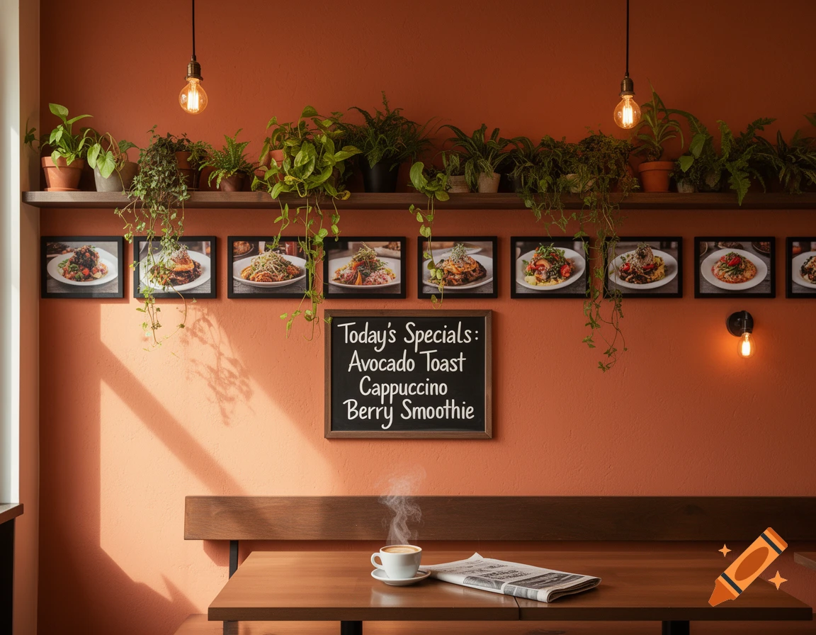 A warmly lit cafe interior with a terracotta wall, green plants on a shelf, framed food photos, a specials blackboard, and a steaming coffee on a wooden table.