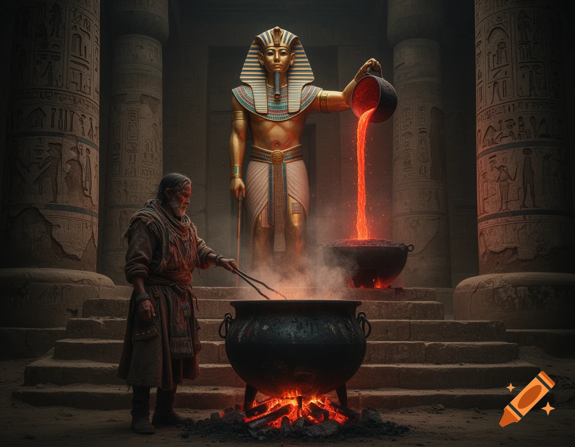 A man tends a cauldron with hot coals, while a golden pharaoh statue pours lava into another cauldron in an ancient Egyptian temple.