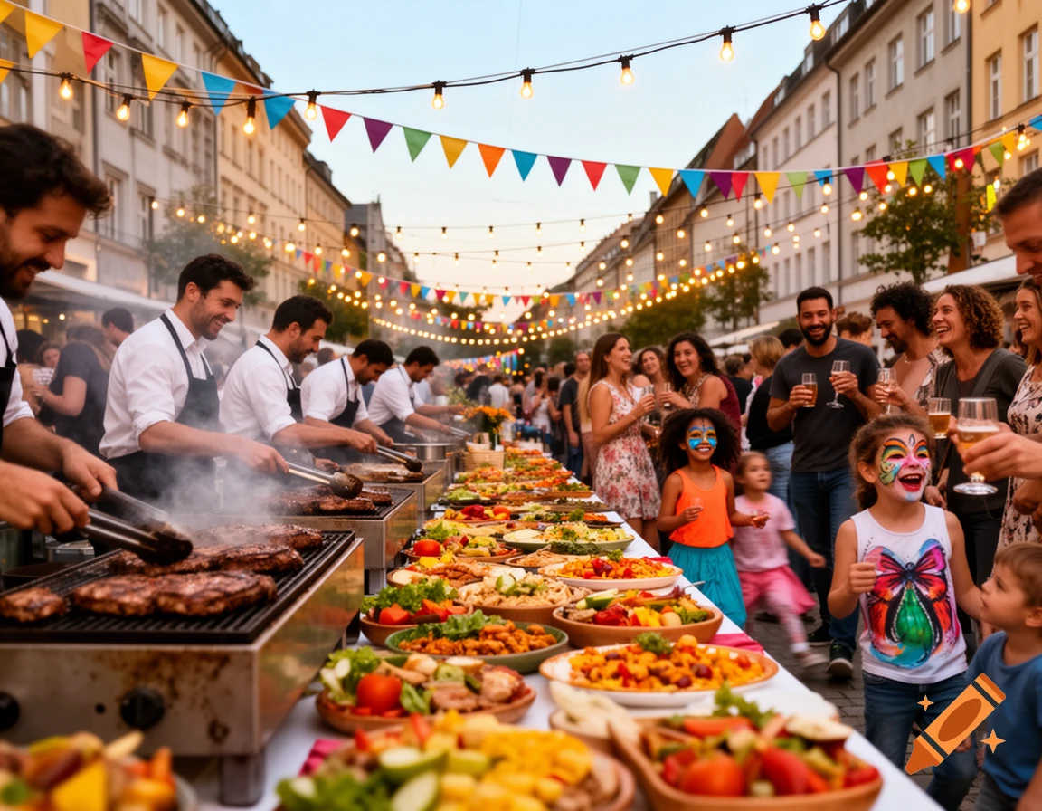 A vibrant street festival with chefs grilling, a long buffet, and people enjoying, including children with colorful face paint, under festive lights and banners.