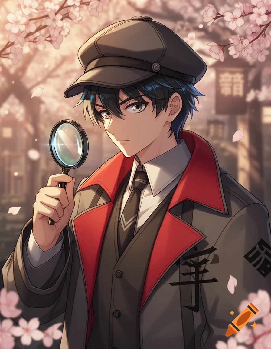 An anime-style boy detective with dark hair and a cap holds a magnifying glass under cherry blossoms, wearing a gray coat with red lining.