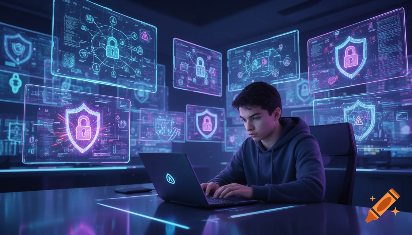 A student works on a laptop in a futuristic cyber threat monitoring center, surrounded by glowing blue and purple holographic security screens.