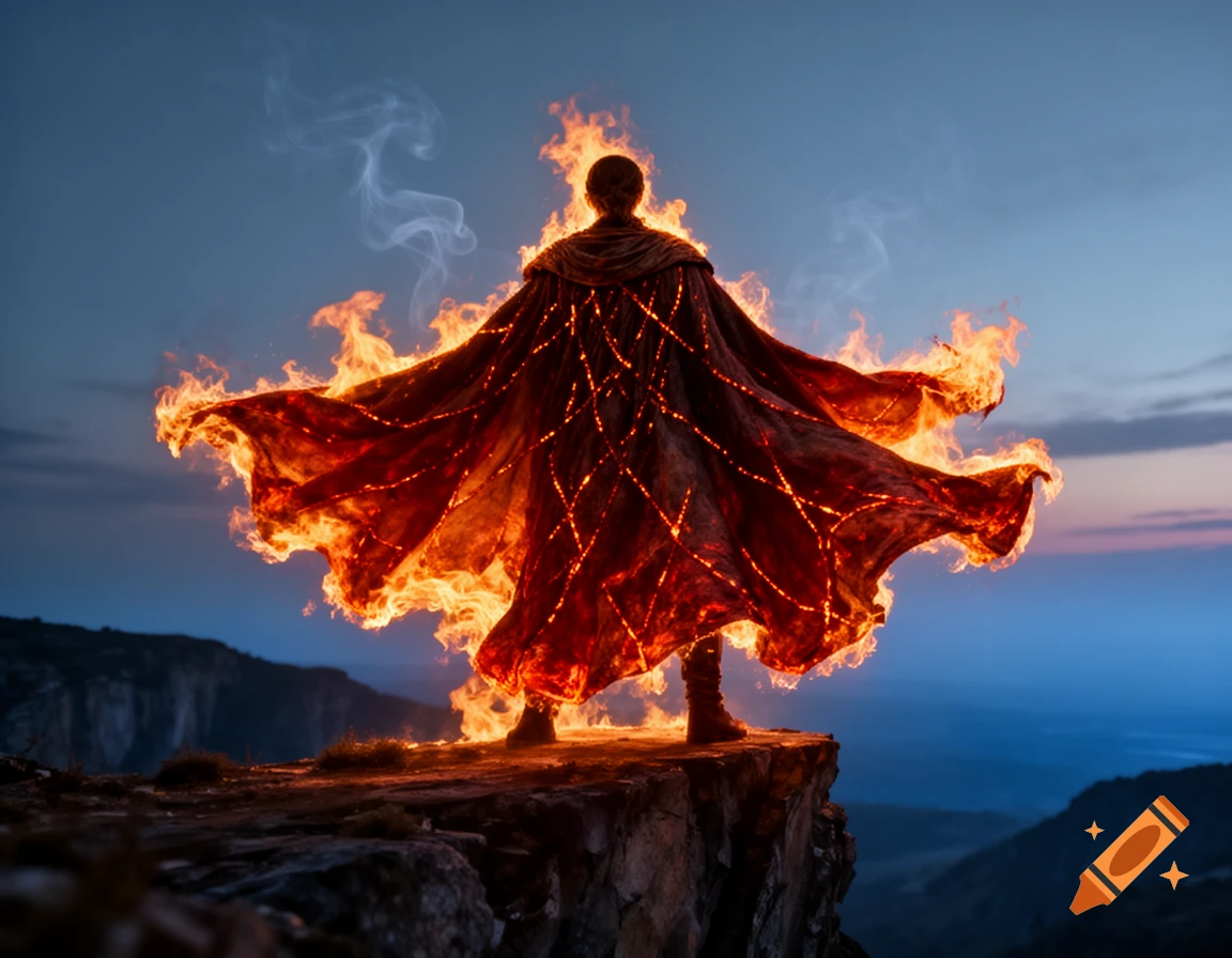 A figure with a large, fiery cape stands on a cliff overlooking a valley at sunset, smoke rising from the flames.