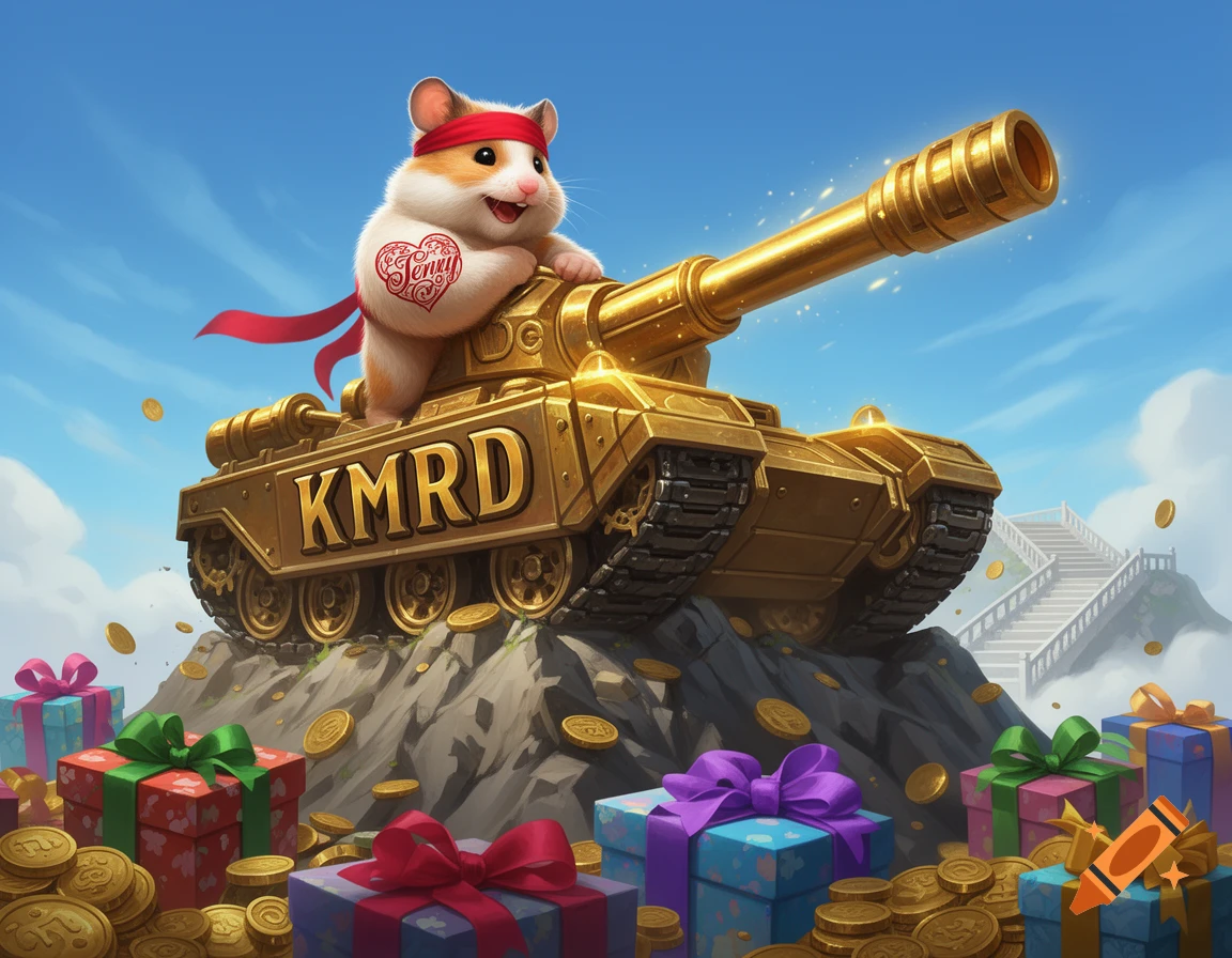 A cute hamster in a red headband with a "Jenny" tattoo rides a golden tank with "KMRD" text on a pile of gifts and gold coins, under a bright sky, in a game art style.