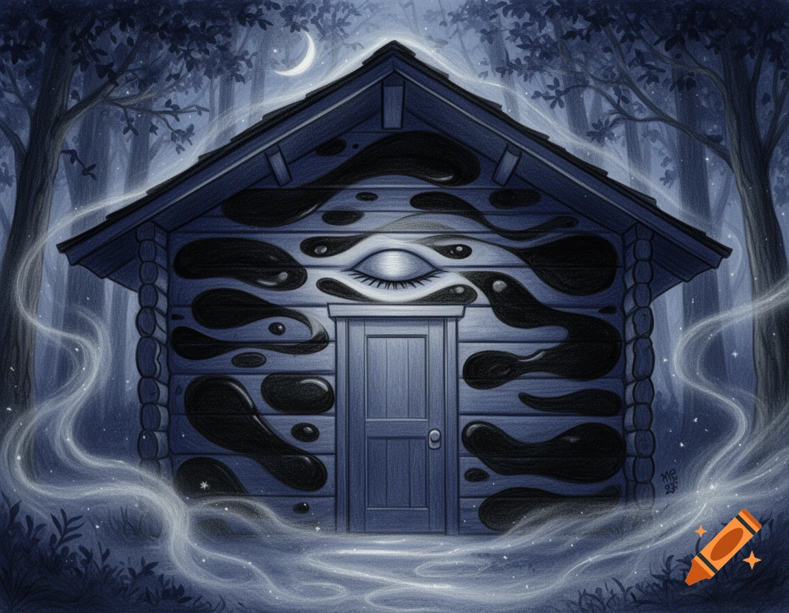 Ethereal drawing of a blue cabin with black blob shapes and a closed eye, in a dark forest at night with glowing mist and a crescent moon.