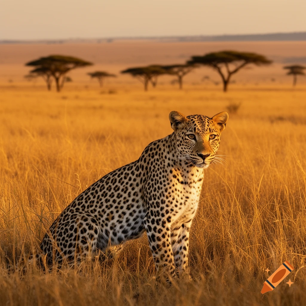 A photorealistic leopard sits camouflaged in tall golden grass in a savannah at sunset, with acacia trees in the background.
