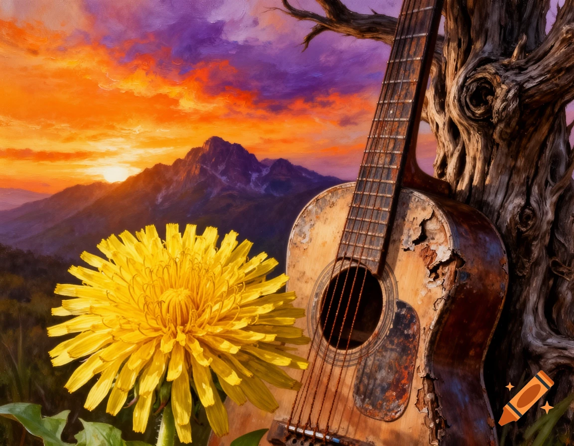 A vibrant painting of a yellow dandelion and a beat-up acoustic guitar leaning on a gnarled tree, against a colorful mountain sunset.