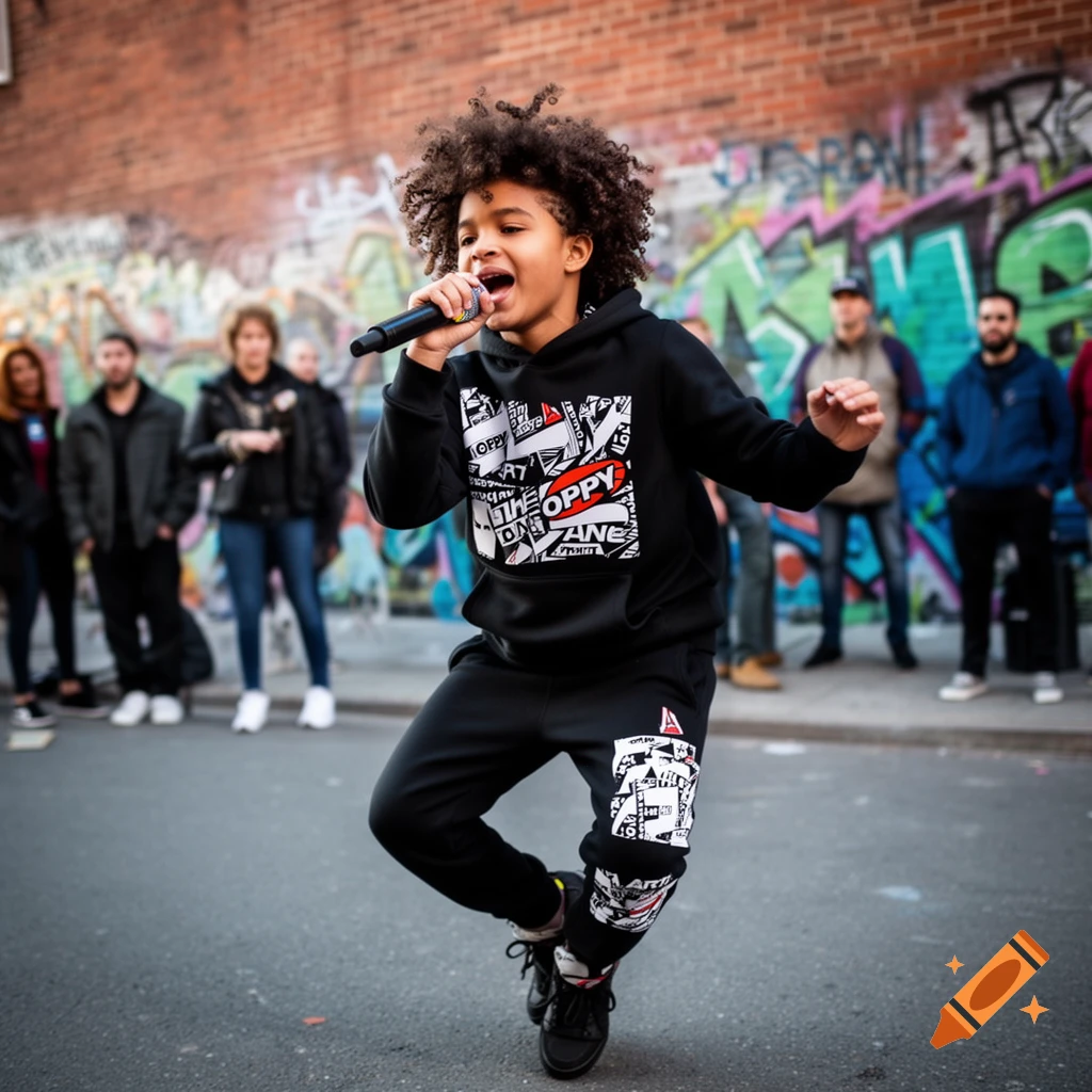 A young boy with curly hair sings into a microphone, jumping on a street with graffiti-covered walls in the background, in a photorealistic style.