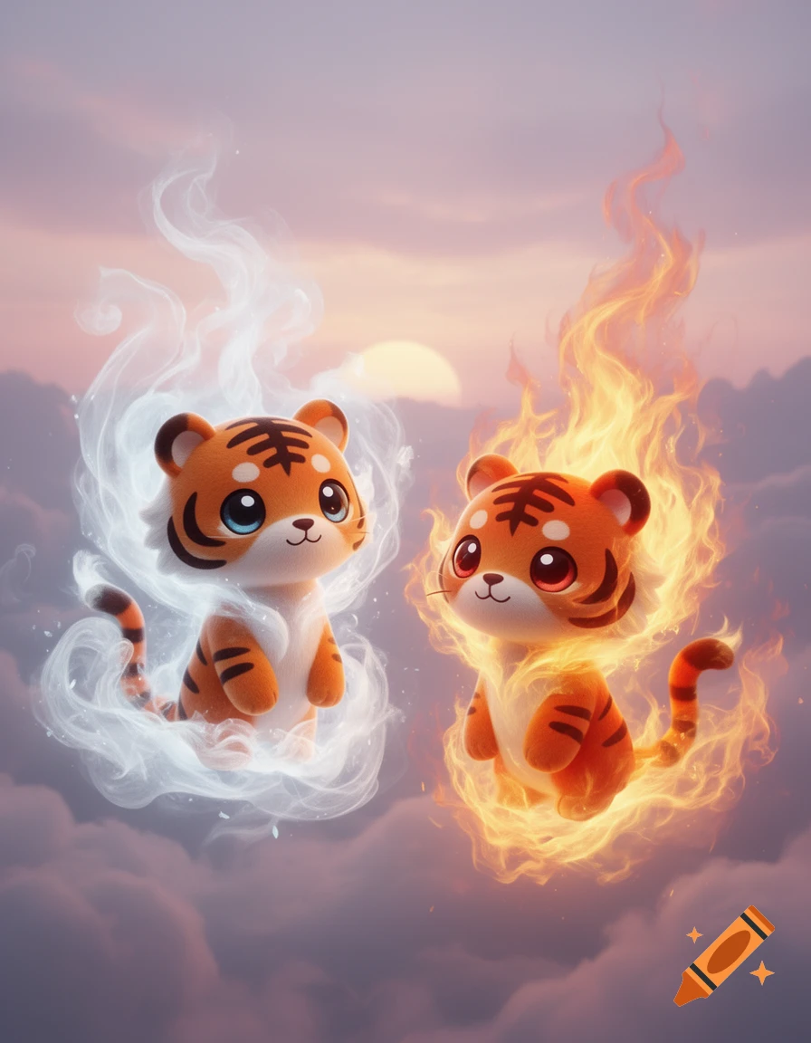 Two cute kawaii tiger cubs, one wreathed in white smoke, the other in orange flames, float in a pastel sunset sky.