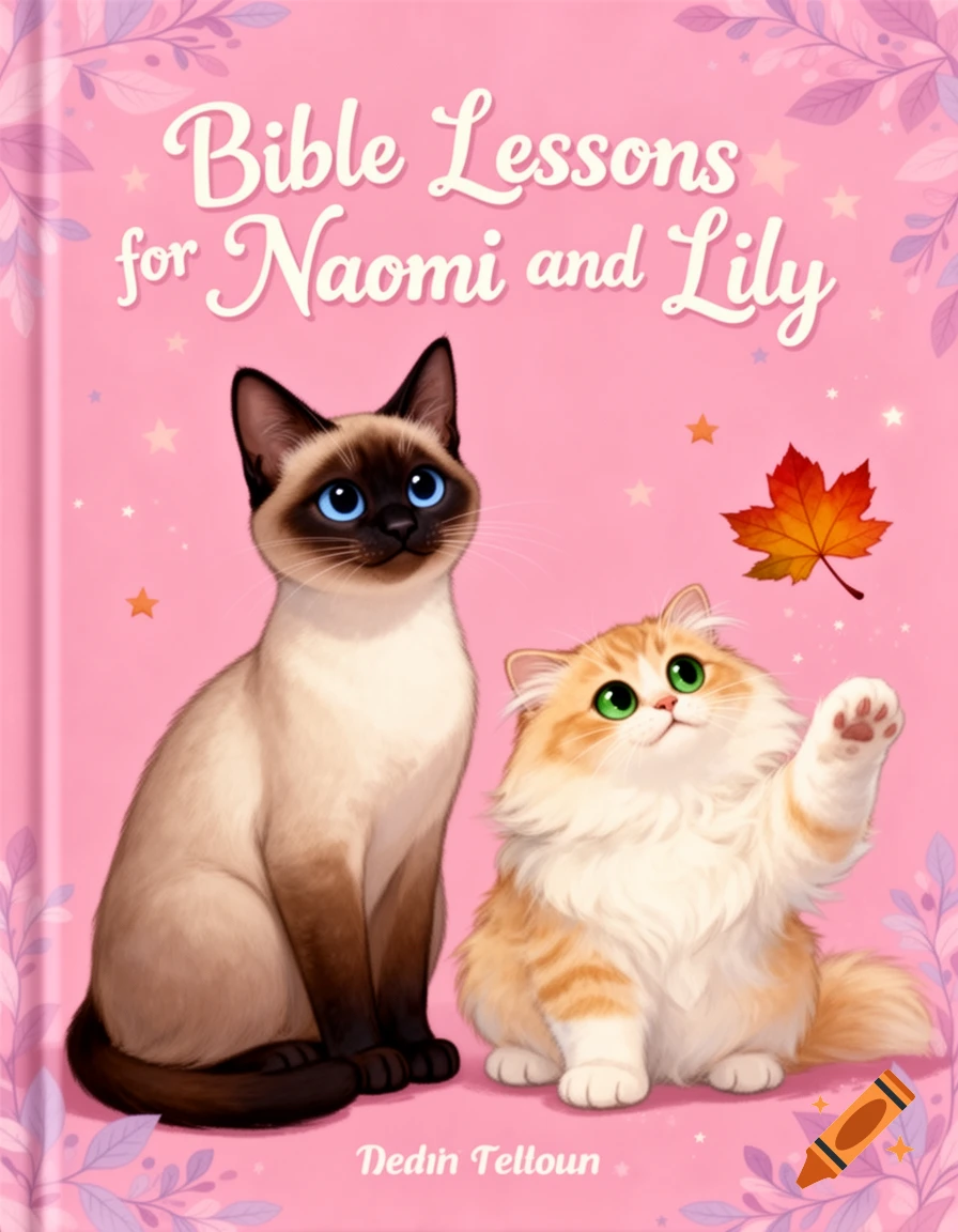 Pink children's book cover featuring a Siamese cat and a fluffy orange cat. Title: Bible Lessons for Naomi and Lily.