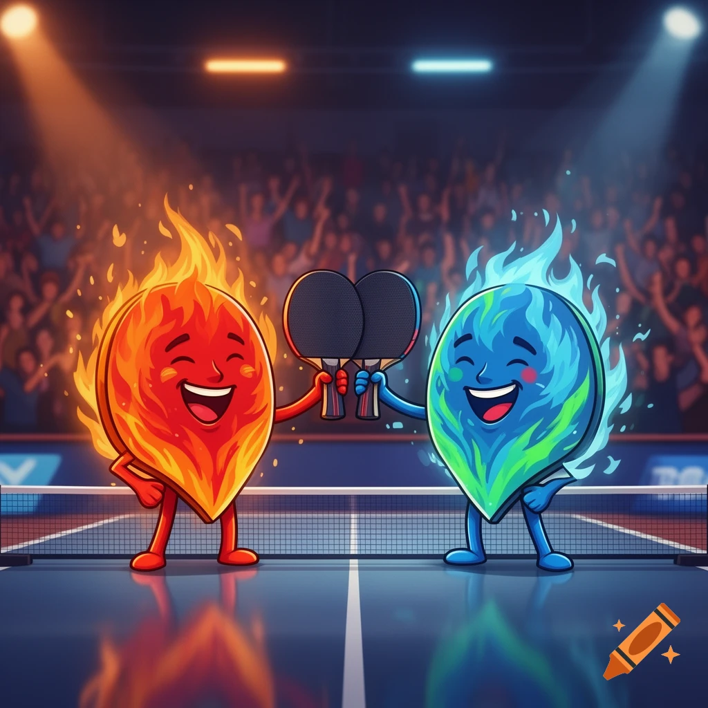 Two cartoon flame characters, one red and one blue, celebrate with ping-pong paddles on a court in a stadium, digital illustration.