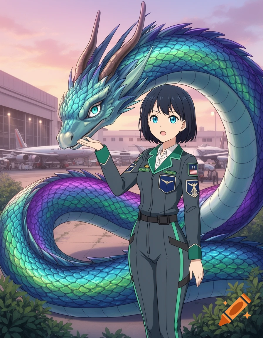 An anime girl in a gray pilot uniform stands next to a vibrant blue and purple dragon on an airport tarmac with airplanes in the background.