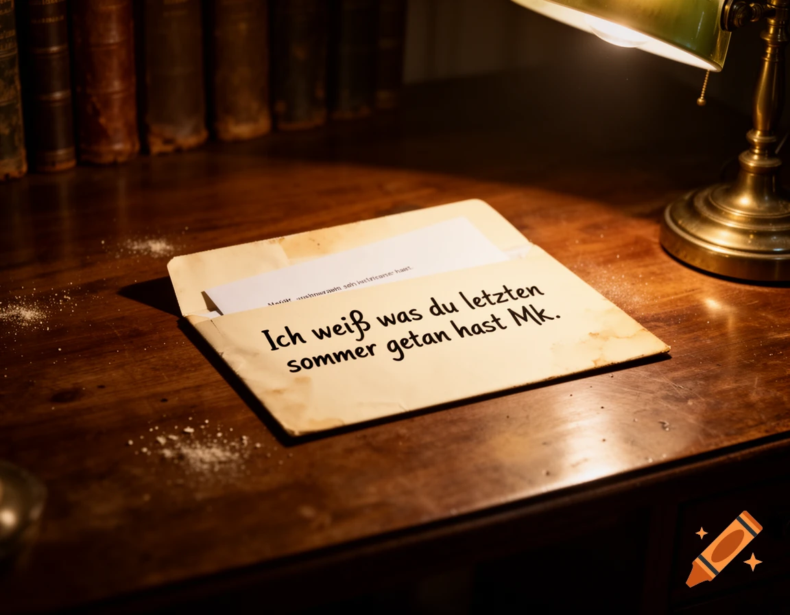 A vintage wooden desk with an open letter reading 'Ich weiß was du letzten sommer getan hast Mk.' under a green lamp.