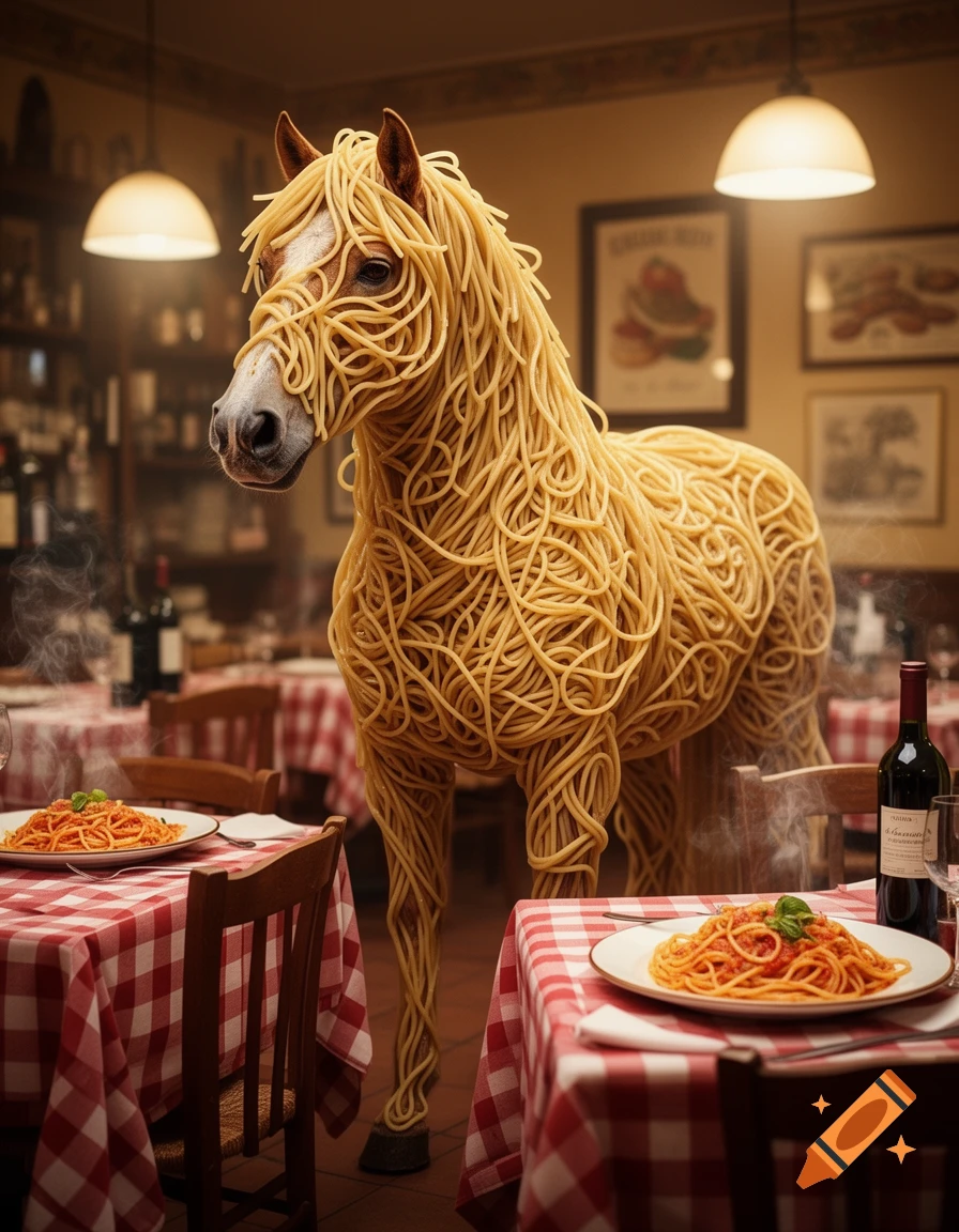 A horse made entirely of spaghetti stands in the middle of a rustic Italian restaurant with checkered tablecloths and steaming plates of pasta.